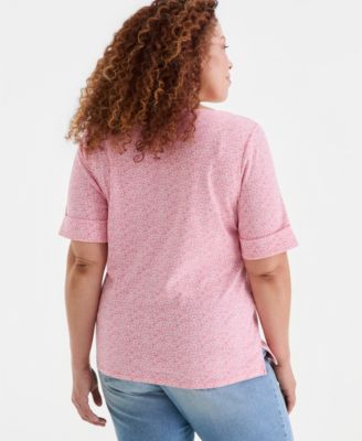 Plus Size Boat-Neck Elbow Sleeve Cotton Top