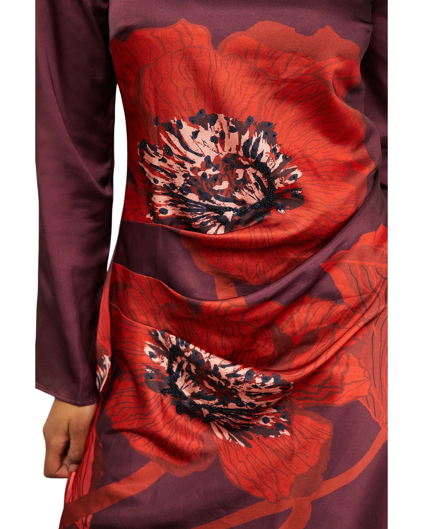 Женское платье Warehouse Floral Placement Print Satin Midi, цвет: Тёмный красный — фото 8