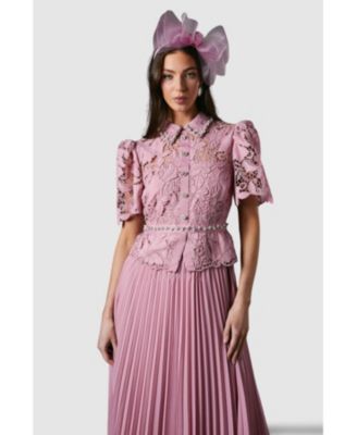 Women's Lace Top Pleat Skirt Jewel Button Dress.