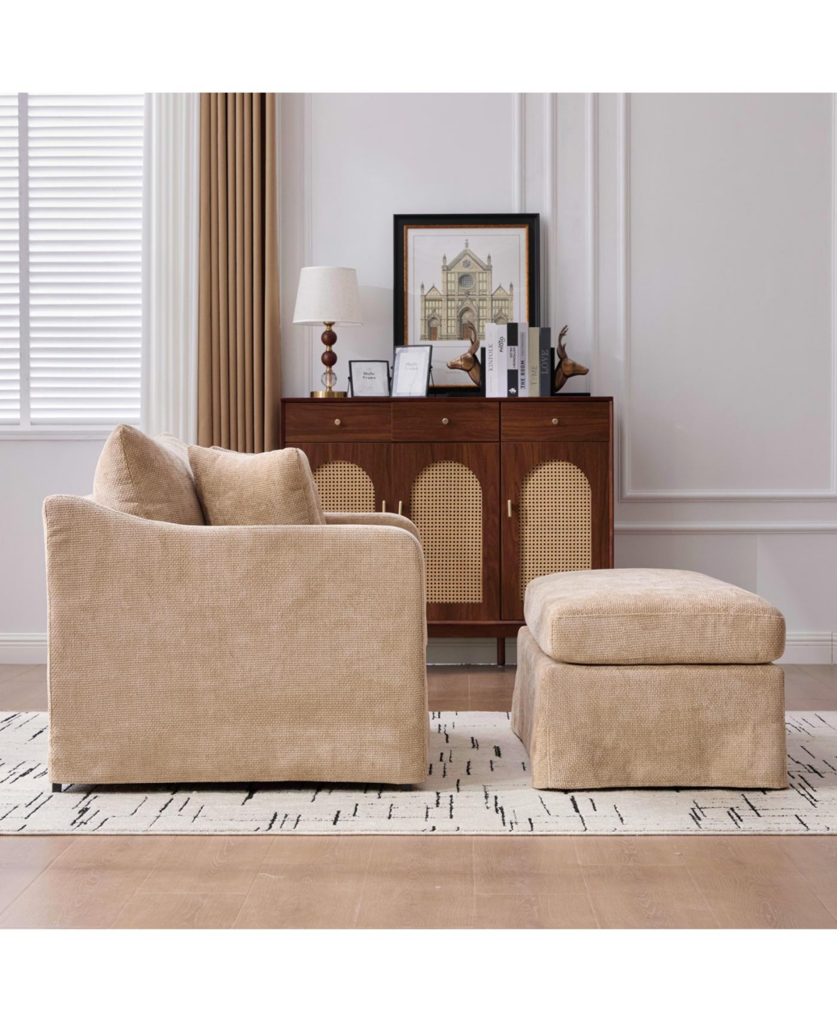 Streamdale Furniture Streamdale Modern Farmhouse Upholstered Accent Chair & Ottoman with Bolster Pillows, Wheat