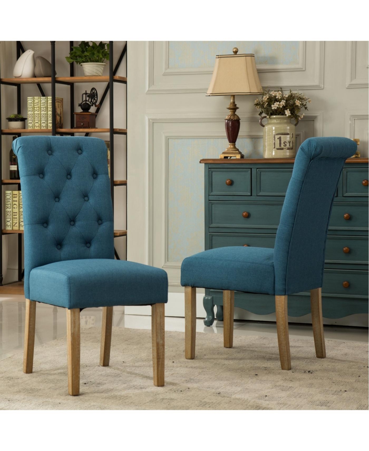 Streamdale Furniture Streamdale Habit Solid Wood Tufted Parsons Dining Chair, Set of 2, Blue
