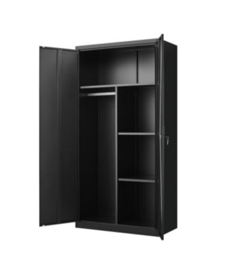 Streamdale Black Metal Large Wardrobe with Hanging Rod & Compartments, Lockable Closet
