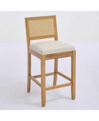 Streamdale Solid Wood Rattan-Inspired Bar Stool with Linen Cushion