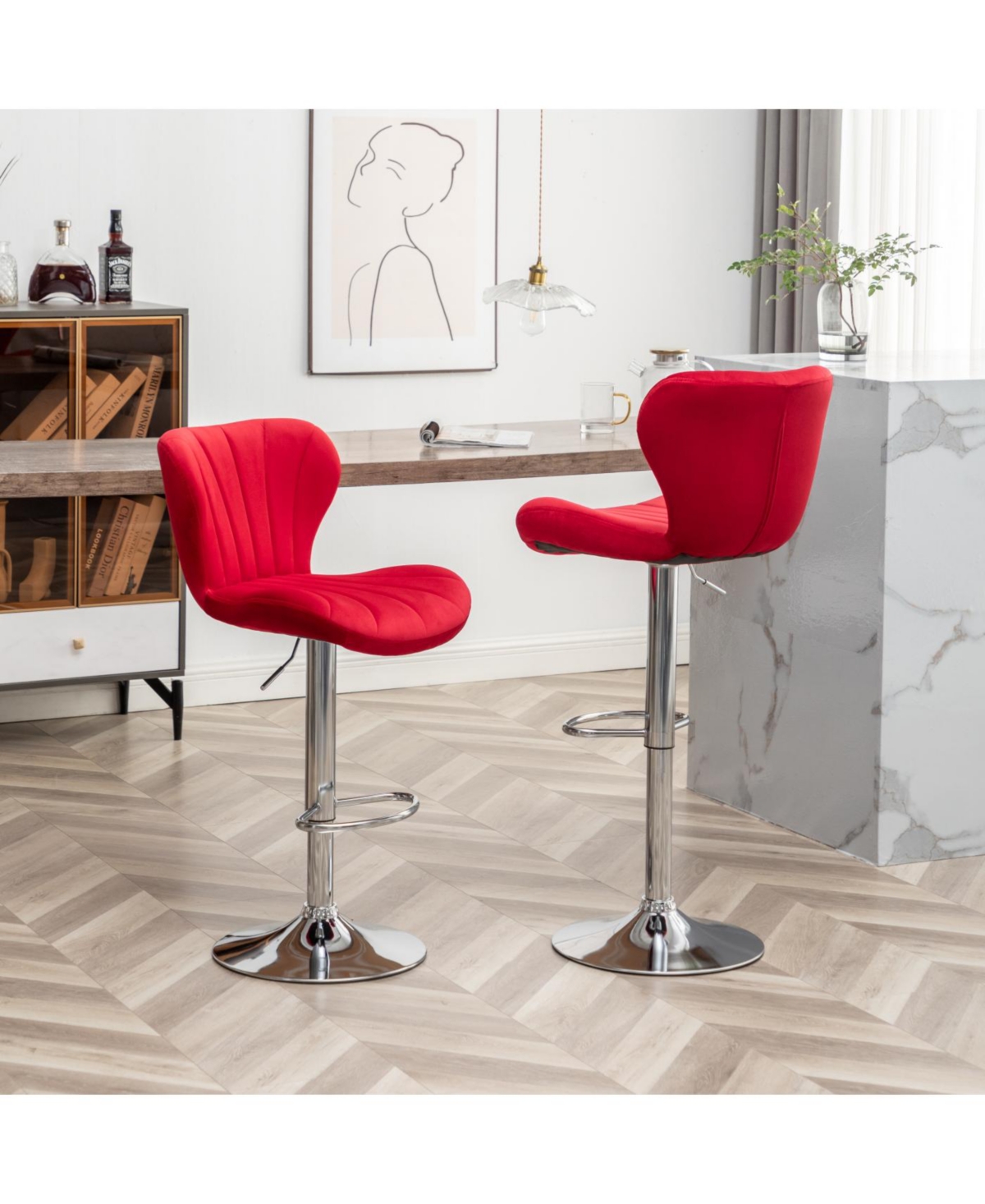 Streamdale Upholstered Adjustable Swivel Barstools in Red, Set of 2