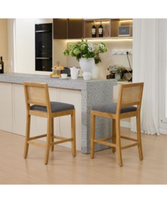 Solid Wood Rattan-Inspired Bar Stool with Linen Cushion