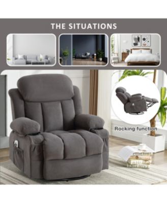 Heated Grey Swinging Recliner Massage Sofa with USB & Cup Holders