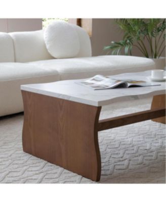 Whisper of Waves Modern Coffee Table, White Faux Marble, Walnut Brown