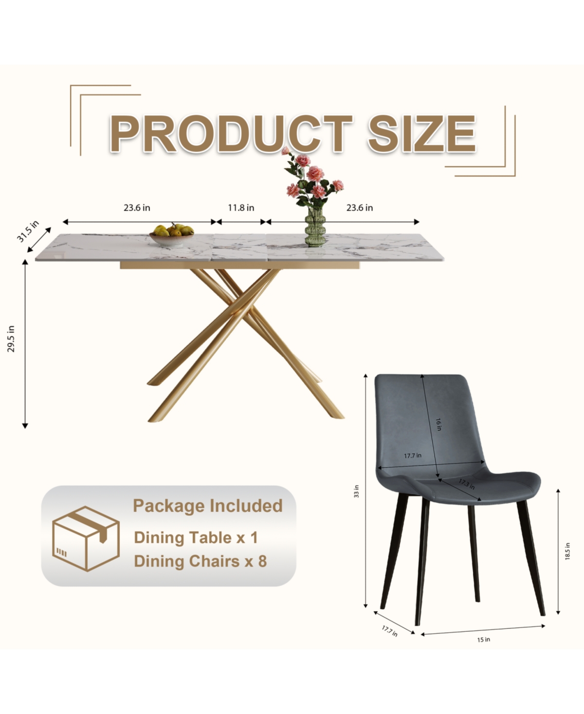 Streamdale 59" Modern Expandable Dining Table w/Retractable Leaf, Charred Stone & Gold Base