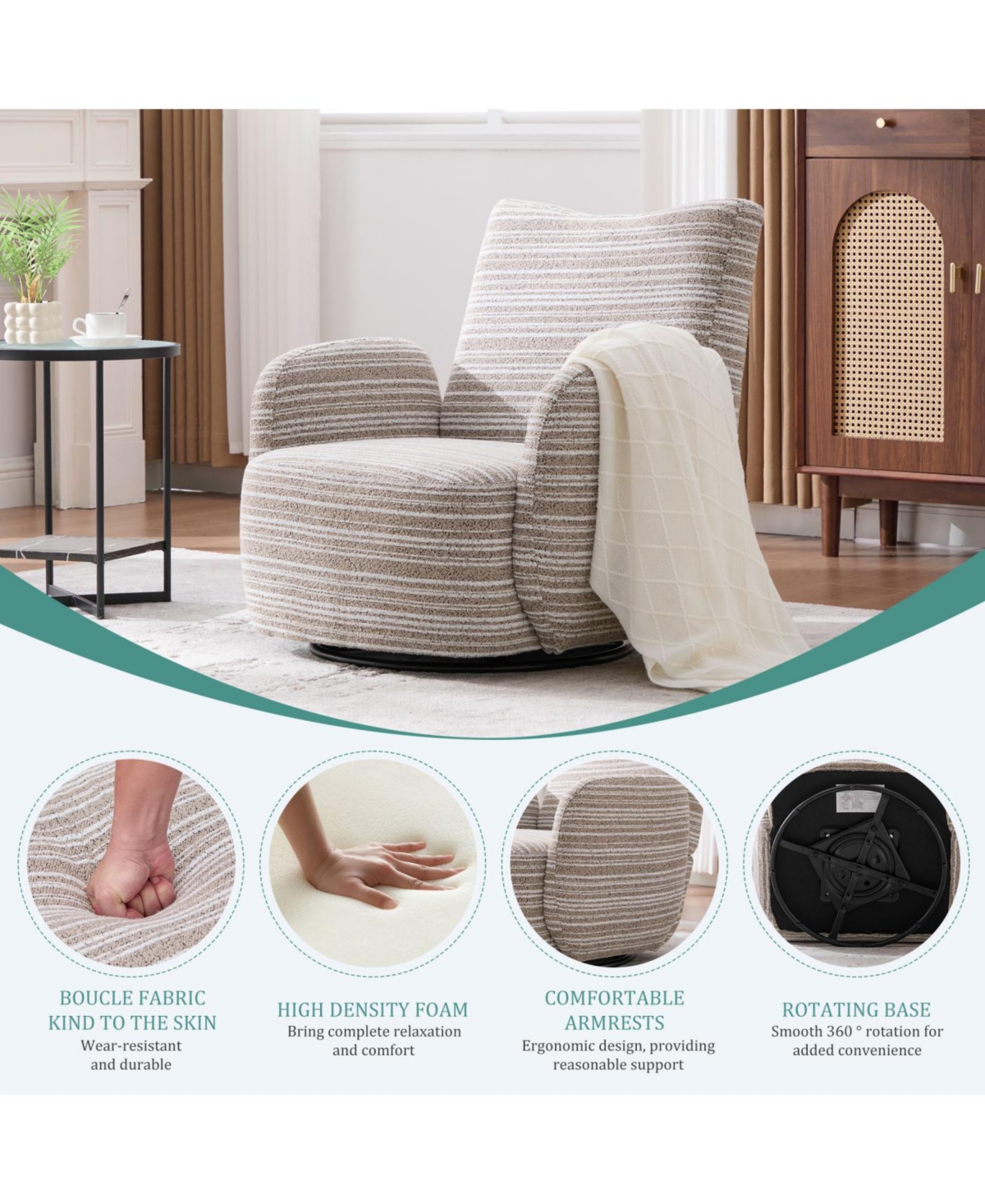 Streamdale Modern 360 Swivel Leisure Chair with Striped Armrest