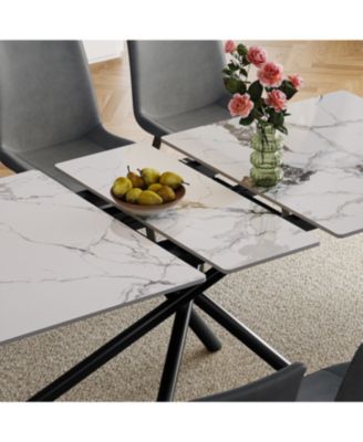 Modern Expandable Dining Table w/Retractable Leaf, Charred Stone & Black Base