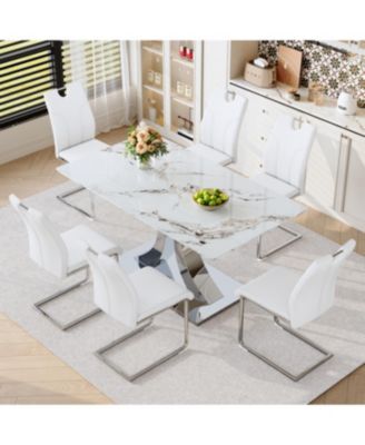 Streamdale Luxury Modern 63" Dining Table Set w/ 6 Chairs, White Glass Top & Steel Base