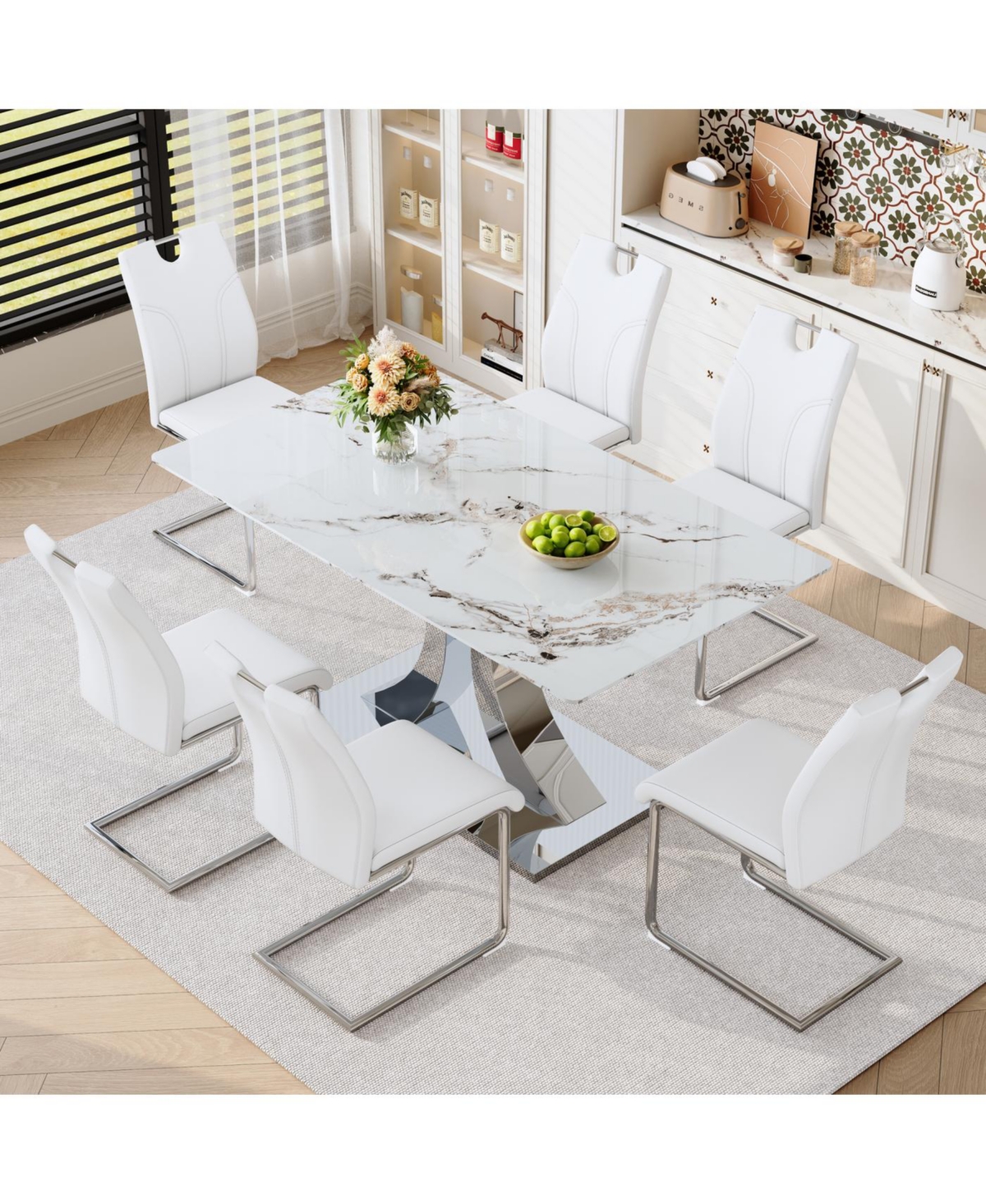 Streamdale Furniture Streamdale Luxury Modern 63" Dining Table Set w/ 6 Chairs, White Glass Top & Steel Base