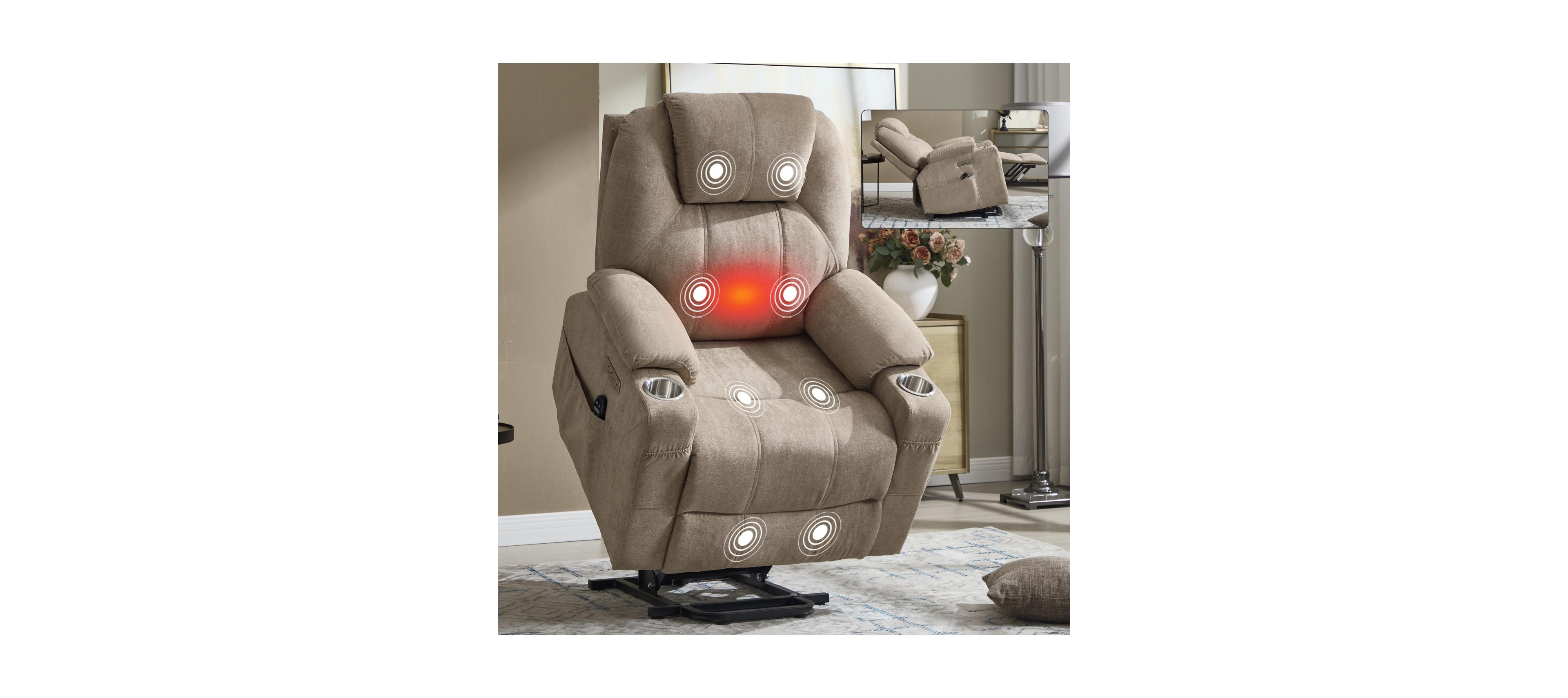 Streamdale Furniture Streamdale Power Lift Recliner Chair, 350 Lbs Capacity, 8-Point Massage, Heating, Usb/Type-c, Khaki