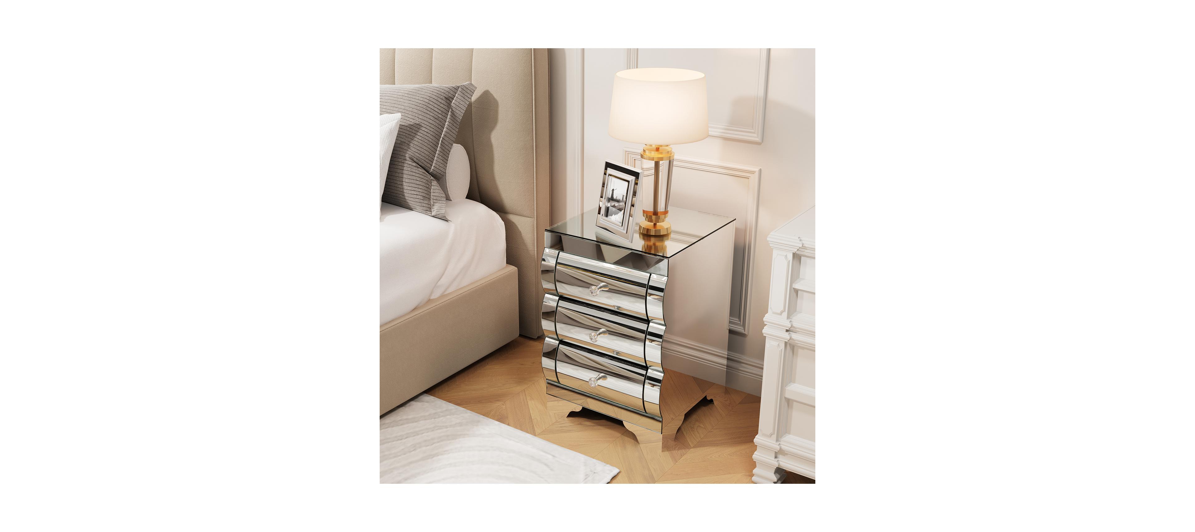 Streamdale Furniture Streamdale Curved Mirror 3-Drawer Nightstand/Bedside Table - Silver