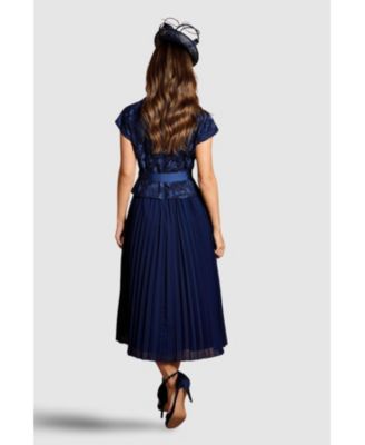 Women's Lace Wrap Top Pleat Tux Midi Dress