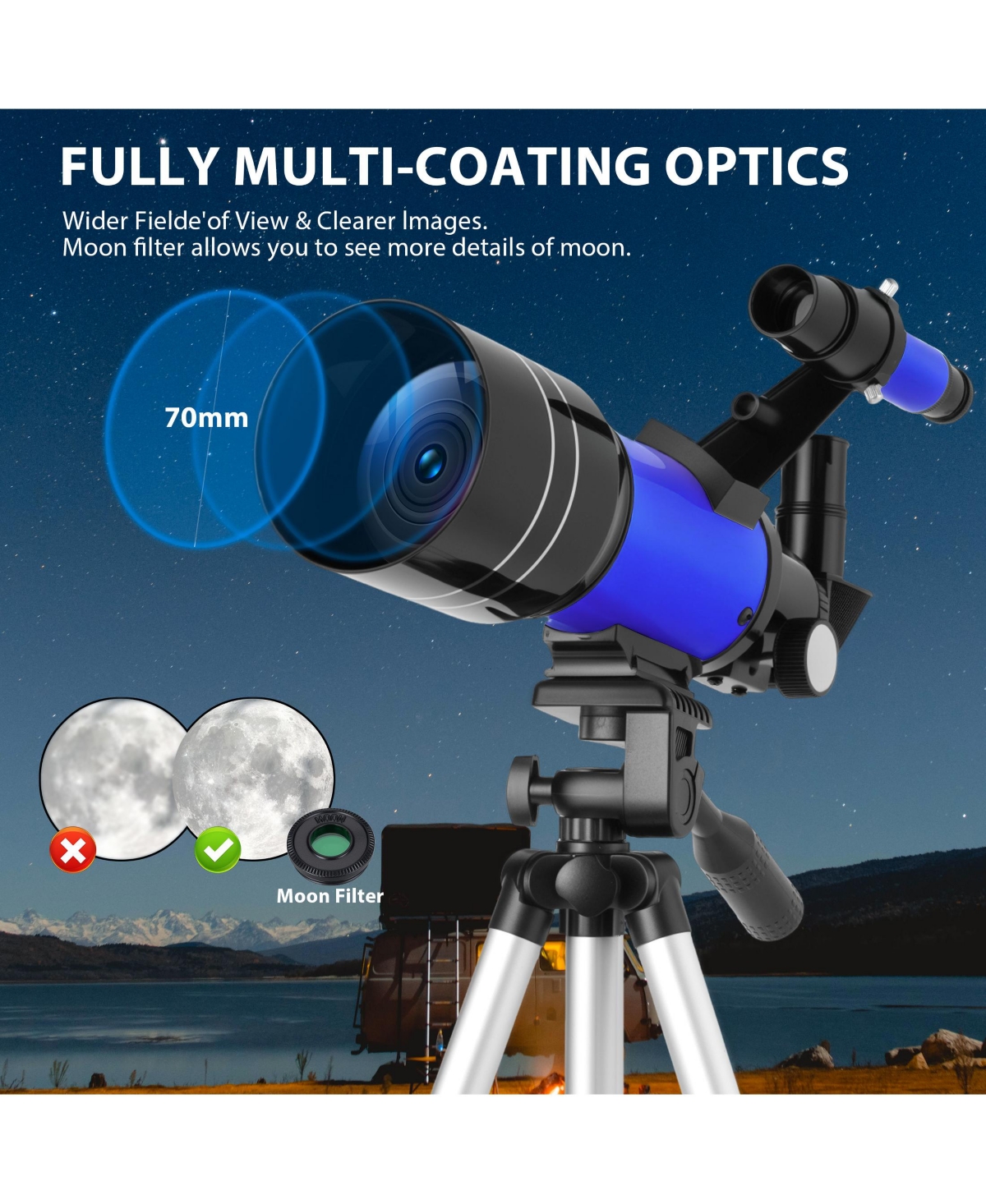 Telescope 70mm Aperture 300mm Az Mount Telescope with Stand and Phone Adapter for Kids, Adults and Beginners