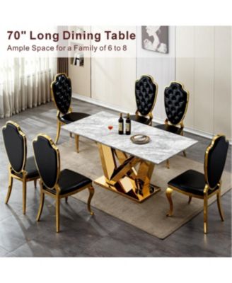Dining Table for 6, 70" Rectangle Faux Marble w/ Mirrored Stainless Steel Base (Gold, Gray)