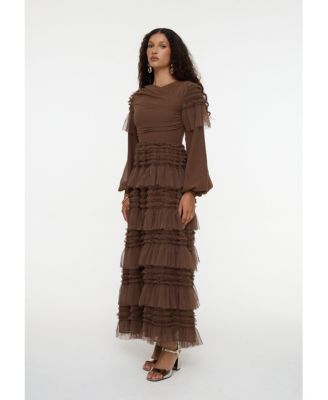 Women's Modest Ruffle Mesh Dress