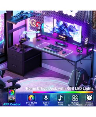 Gaming Desk with Outlets and LED Light, 59'' Reversible Computer Desk with File Drawers & Monitor Stand