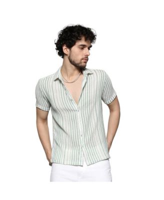 Men's Men's White & Green Unbalanced Striped Woven Shirt