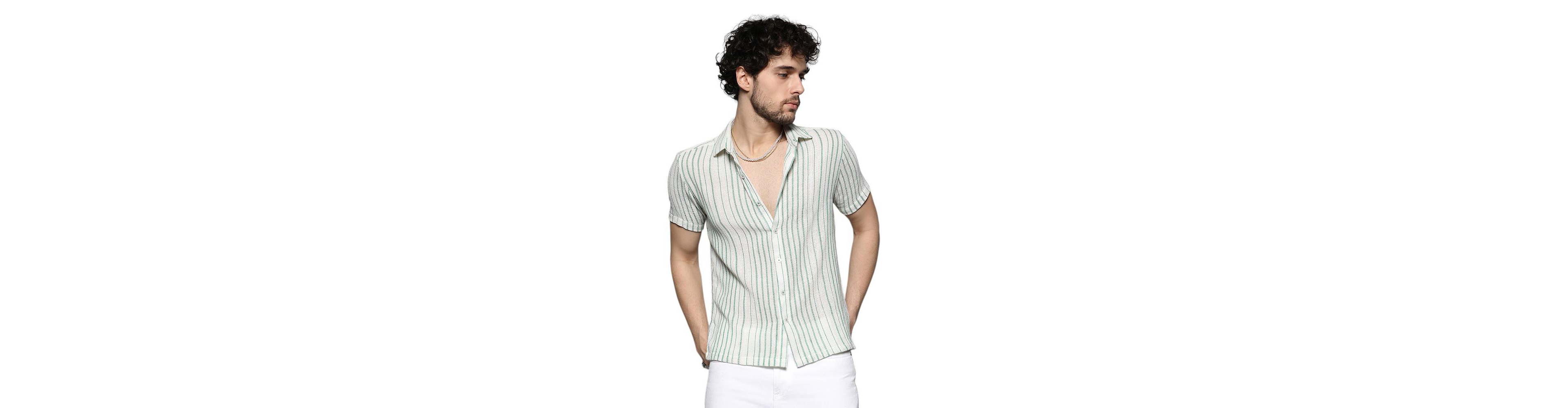 Cahoot Men's Campus Sutra-Men's White & Green Unbalanced Striped Woven Shirt