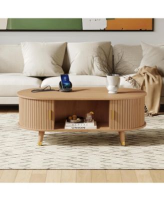 Streamdale Oval Fluted Coffee Table with Charging Station - Mid-Century Style
