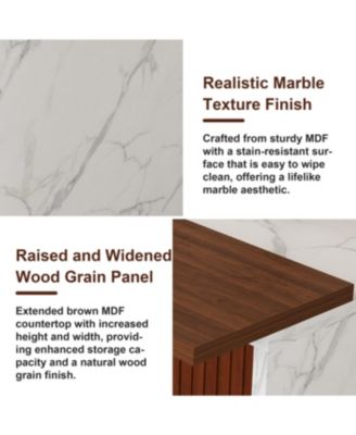 Modern Kitchen Island Set with 2 Bar Stools - White Marble Look, LED Lighting & Grill Design