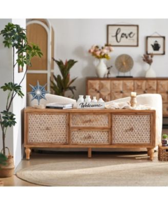 Rattan TV Stand for TVs, Mid Century Boho Entertainment Center