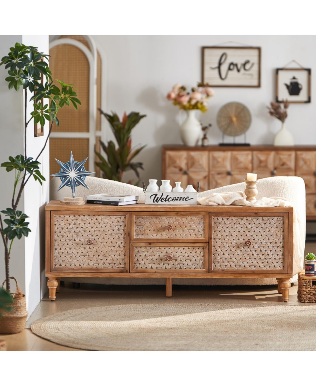 Streamdale Furniture Rattan Tv Stand for TVs, Mid Century Boho Entertainment Center