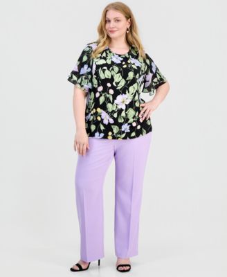 Plus Size Floral-Print Flutter-Sleeve Top