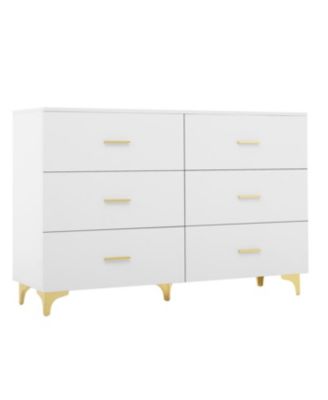 Six drawers, golden straight aluminum handle, golden triangle legs, white locker