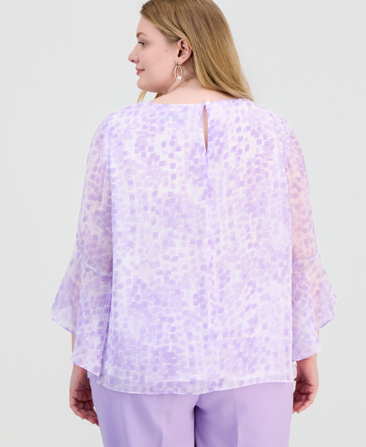 Kasper Plus Printed Ruffled-Sleeve Blouse