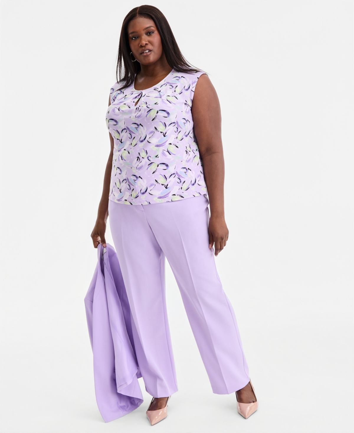 Kasper Plus Printed Keyhole-Neck Sleeveless Top