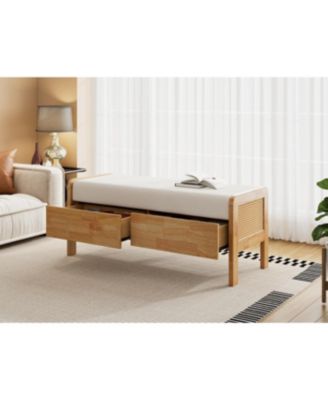 Upholstered Storage Ottoman Bench, Wooden Legs, Oak+Beige