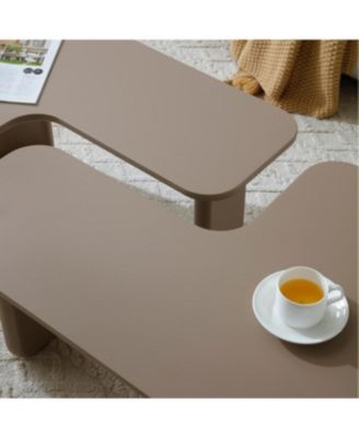 35.43" L-Shape Modern Coffee Table, Multi-layer Green Paint, Khaki