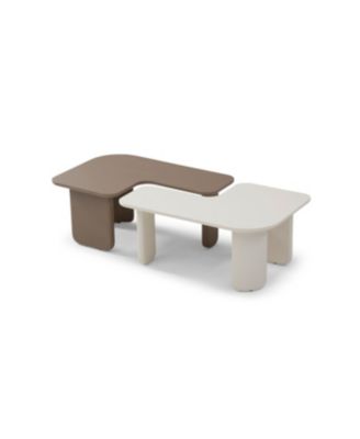 2 Pcs Modern Modular Coffee Table Set, Farmhouse Tables w/ Multi-layer Paint, Khaki+White