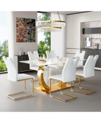 Marble-Veined Glass Dining Set w/ Gold Accents: 63" Table & 6 U-Shaped Armchairs