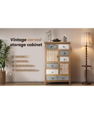 Vintage Tall Wooden Accent Cabinet with 6 Drawers & 2 Doors