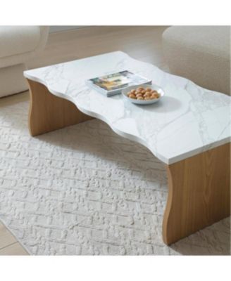 Whisper of Waves Modern Coffee Table, Marble & Solid Wood Base