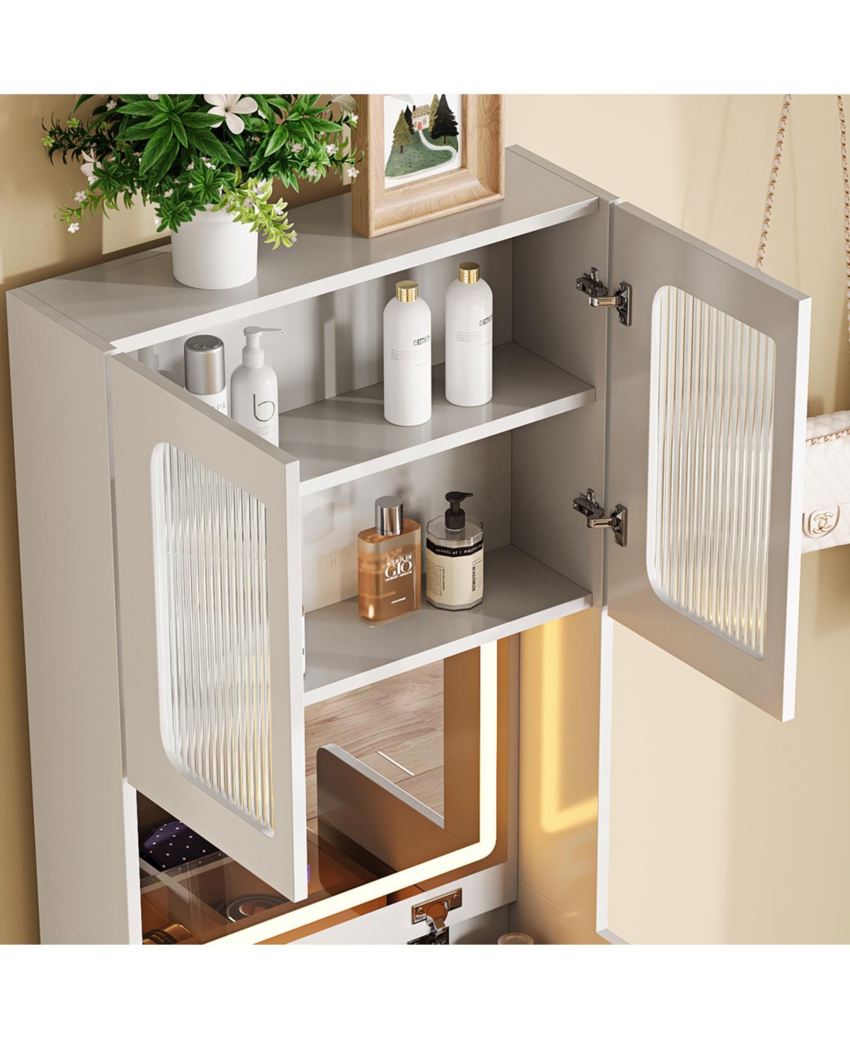 Streamdale Furniture 3-in-1 Vanity Table with Led Mirror and Storage Stool