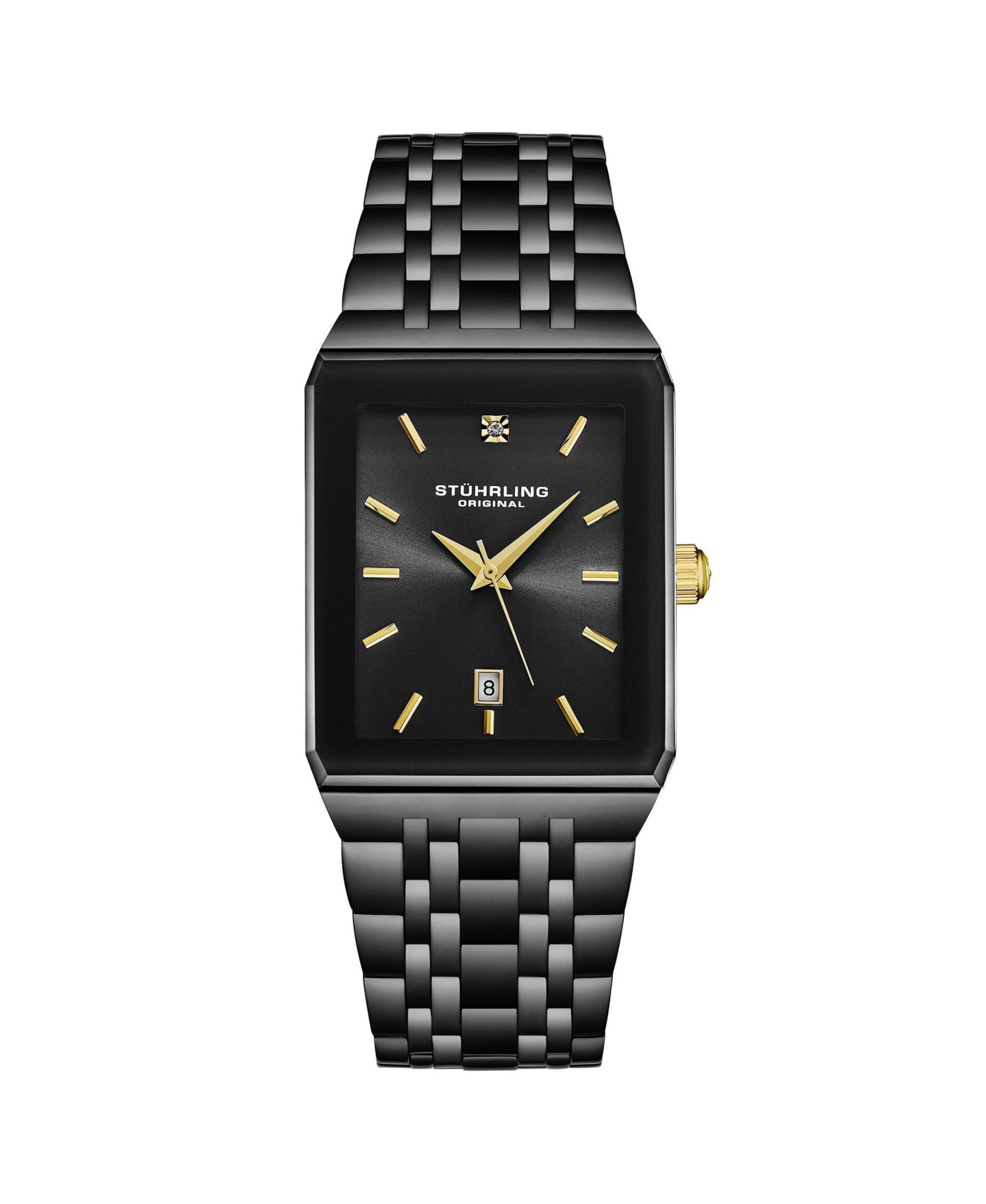 Часы Stuhrling Empire Edge Black IP Rectangular 4084 Watch – Gold Accents Quartz Date Krysterna Crystal, цвет: Чёрный — фото 1