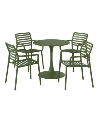 5-Piece Indoor Outdoor Metal Patio Dining Table Set With Stackable Plastic Patio Arm Chairs