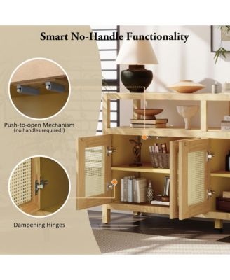 TREXM Bohemian Rattan Buffet Cabinet with Solid Wood Frame 3-Position Shelves and Push-to-Open Design