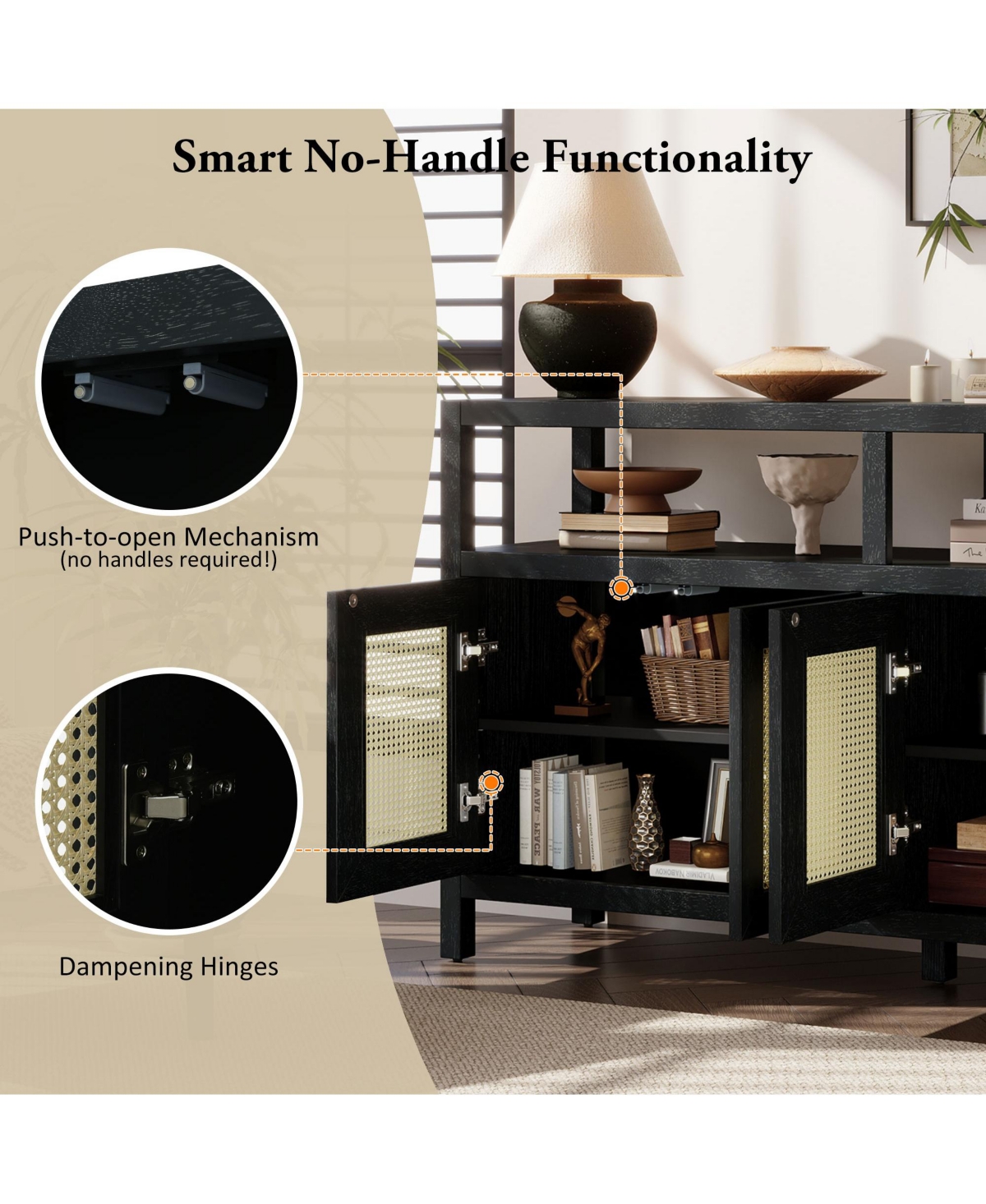 Casainc Trexm Bohemian Rattan Buffet Cabinet with Solid Wood Frame 3-Position Shelves and Push-to-Open Design