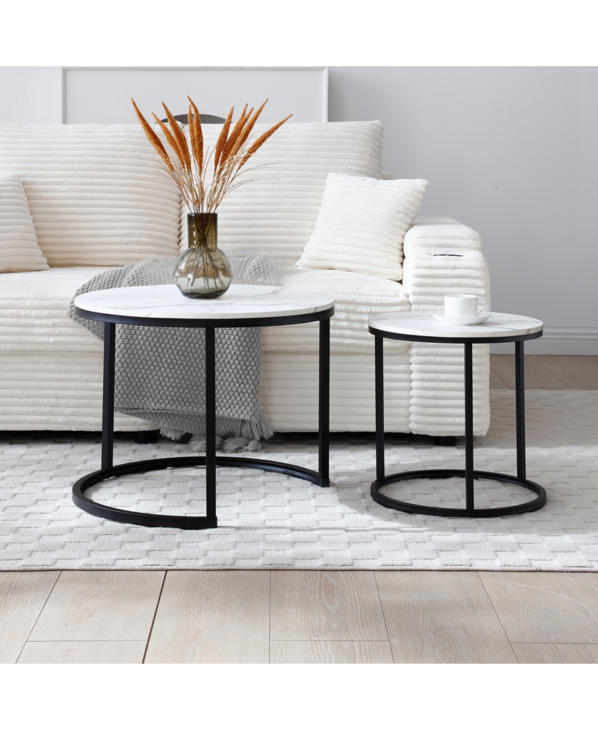Streamdale Furniture Set of 2 White/Gray Marble Pattern Nesting Coffee Tables with Black Frame