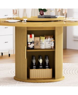 55" Round Dining Table for Six with Storage Rack & Rotating Tray Natural