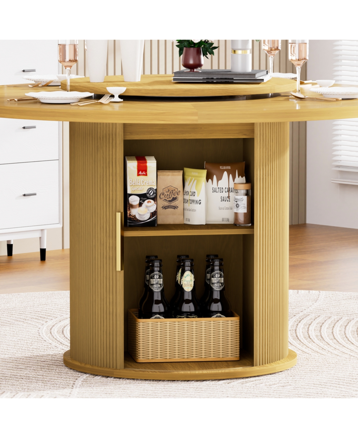 Streamdale Furniture 55" Round Dining Table for Six with Storage Rack & Rotating Tray Natural