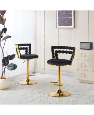 Modern Gold Bar Table Set with 2 Adjustable Stools, Round Marble Pub Table