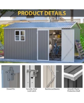 12x10 FT Outdoor Storage Shed Metal, Large Garden Tool Sheds with Lockable Doors, Grey