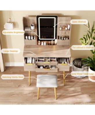 Streamdale 4-Drawer Vanity Desk with LED Mirror & Carved Details, Makeup Table with Stool